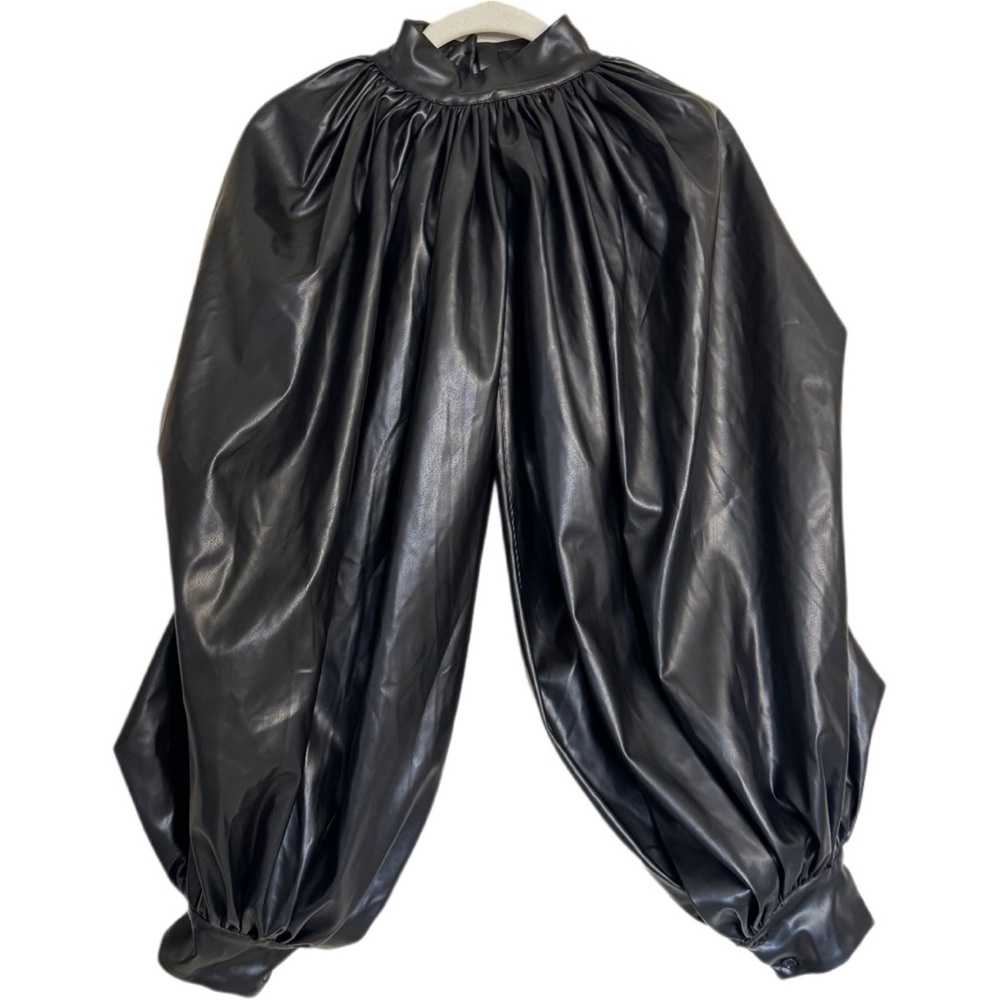 AKIRA Masterpiece Black Faux Leather Puff Sleeve Top Size L/XL Unique Artsy - Picture 2 of 16